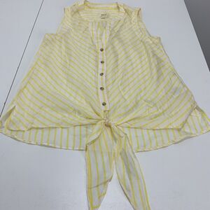 Women's Anthropologie Maeve Yellow White Sleeveless Front Tie Blouse Shirt Top 0